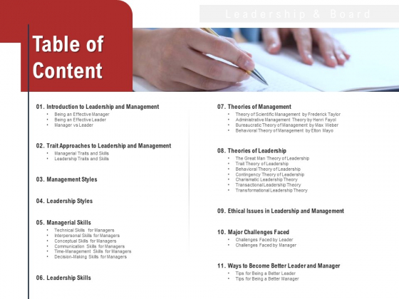 Leadership And Management Table Of Content Themes PDF Leadership And Management Table Of Content Themes PDF