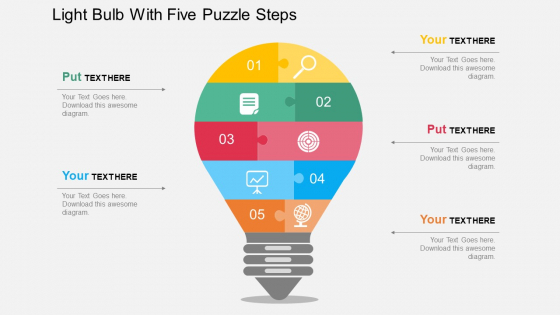 Light Bulb With Five Puzzle Steps Powerpoint Templates