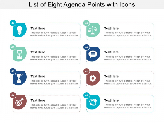 List Of Eight Agenda Points With Icons Ppt PowerPoint Presentation Styles Design Templates