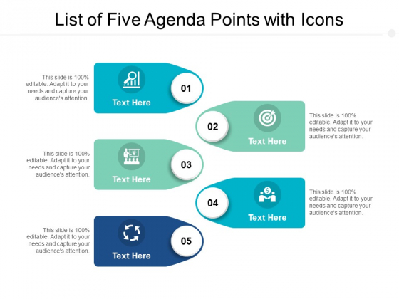 List Of Five Agenda Points With Icons Ppt PowerPoint Presentation Pictures Demonstration