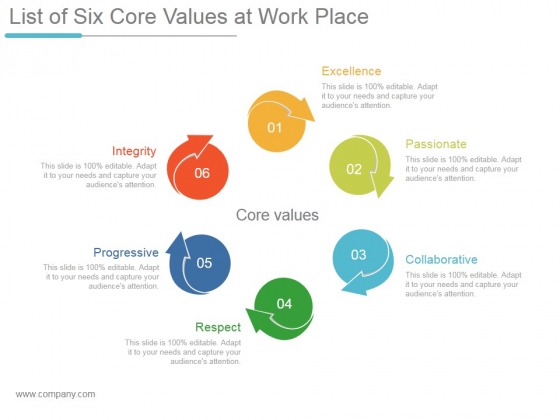 List Of Six Core Values At Work Place Ppt PowerPoint Presentation Clipart