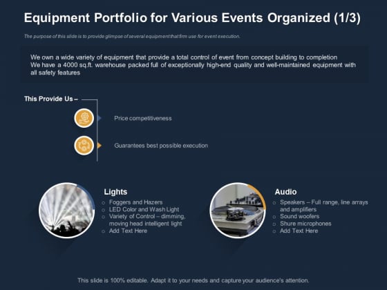 Logistics Events Equipment Portfolio For Various Events Organized Ppt Show Background PDF