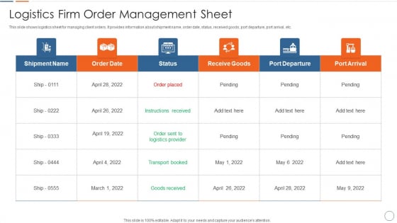 Logistics Firm Order Management Sheet Microsoft PDF