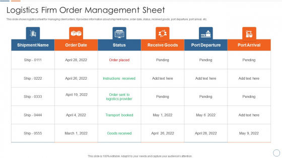 Logistics Firm Order Management Sheet Microsoft PDF Logistics Firm Order Management Sheet Microsoft PDF