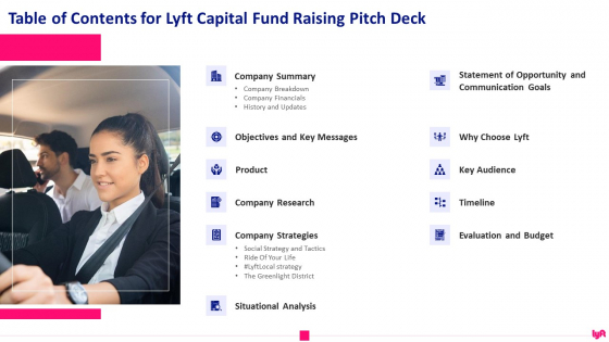 Lyft Capital Fund Raising Table Of Contents For LYFT Capital Fund Raising Pitch Deck Diagrams PDF