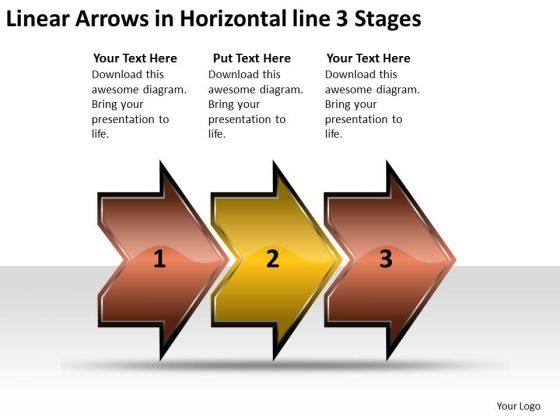 Linear Arrows Horizontal 3 Stages Sample Flow Charts Vision PowerPoint Slides