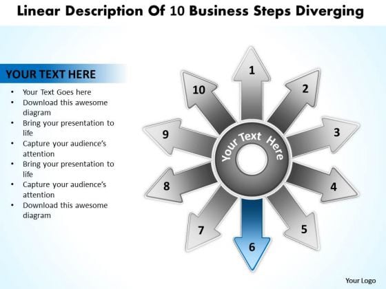 Linear Description Of 10 Business Steps Diverging Circular Motion Process PowerPoint Slides Linear Description Of 10 Business Steps Diverging Circular Motion Process PowerPoint Slides