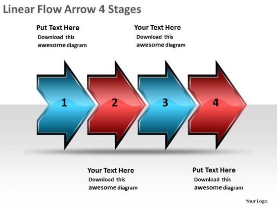 Linear Flow Arrow 4 Stages Chart Slides PowerPoint