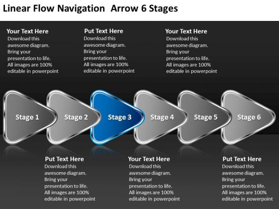 Linear Flow Navigation Arrow 6 Stages Flowchart Creator PowerPoint Slides