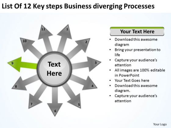 List Of 12 Key Steps Business Diverging Processes Radial Diagram PowerPoint Templates