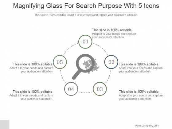 Magnifying Glass For Search Purpose With 5 Icons Ppt PowerPoint Presentation Pictures