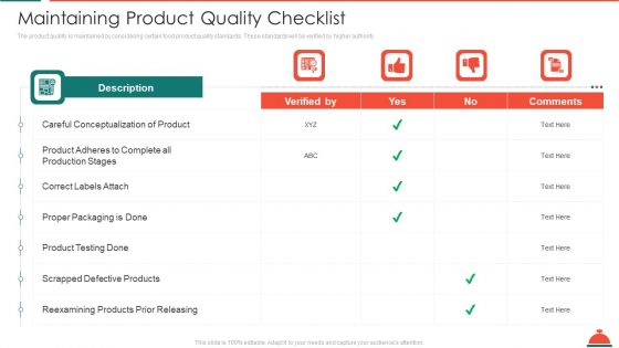 Maintaining Product Quality Checklist Increased Superiority For Food Products Icons PDF