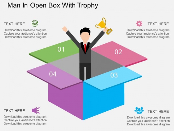 Man In Open Box With Trophy Powerpoint Templates