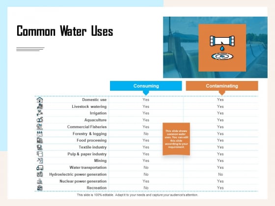 Managing Agriculture Land And Water Common Water Uses Ppt Infographics Graphics Example PDF