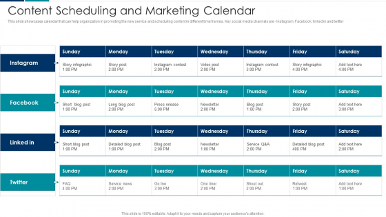 Managing New Service Roll Out And Marketing Procedure Content Scheduling And Marketing Calendar Sample PDF
