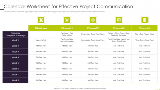 Managing Project Communication Calendar Worksheet For Effective Project Communication Portrait PDF Managing Project Communication Calendar Worksheet For Effective Project Communication Portrait PDF