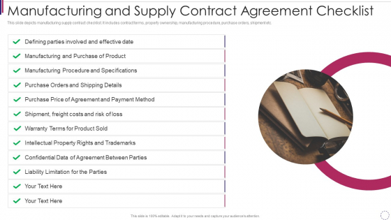 Manufacturing And Supply Contract Agreement Checklist Topics PDF Manufacturing And Supply Contract Agreement Checklist Topics PDF