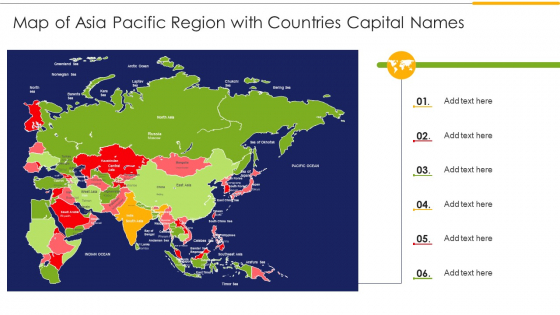 Map Of Asia Pacific Region With Countries Capital Names Ppt Pictures Visuals PDF