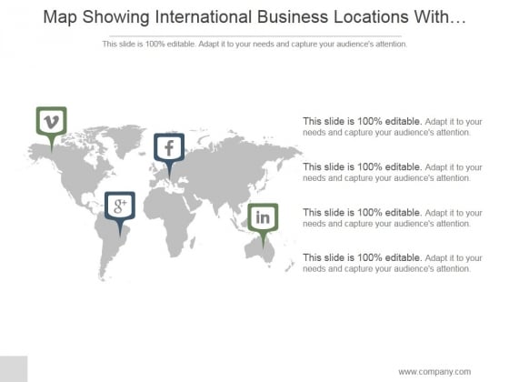 Map Showing International Business Locations With Media Icons Ppt PowerPoint Presentation Guidelines