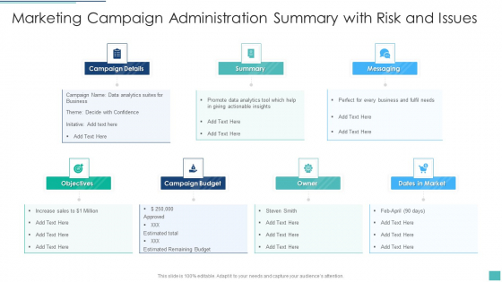Marketing Campaign Administration Summary With Risk And Issues Microsoft PDF