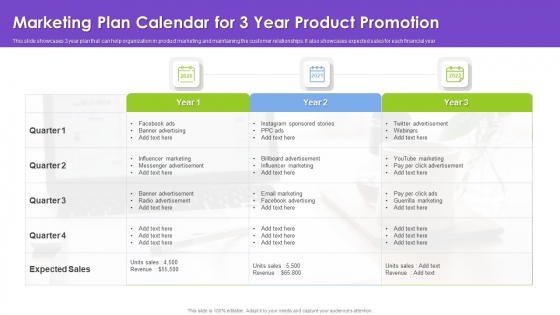 Marketing Plan Calendar For 3 Year Product Promotion Background PDF