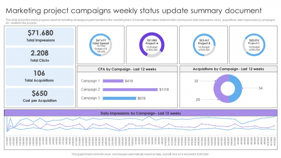 Marketing Project Campaigns Weekly Status Update Summary Document Formats PDF