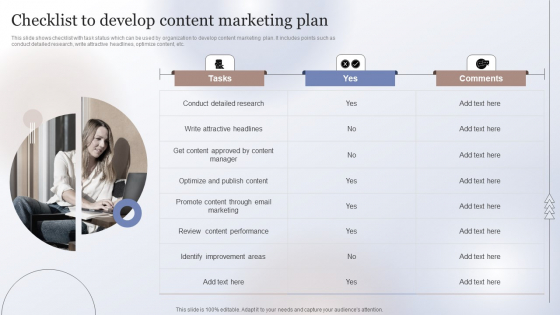 Marketing Strategy To Enhance Checklist To Develop Content Marketing Plan Structure PDF