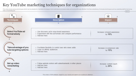 Marketing Strategy To Enhance Key Youtube Marketing Techniques For Organizations Mockup PDF