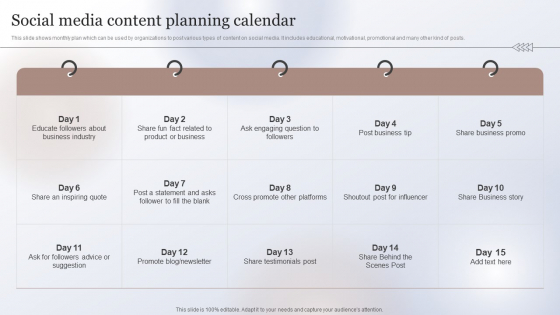 Marketing Strategy To Enhance Social Media Content Planning Calendar Pictures PDF
