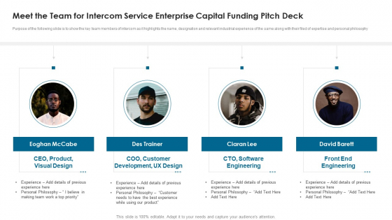 Meet The Team For Intercom Service Enterprise Capital Funding Pitch Deck Demonstration PDF