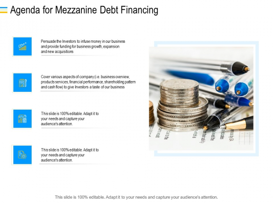Mezzanine Debt Financing Pitch Deck Agenda For Mezzanine Debt Financing Summary PDF Mezzanine Debt Financing Pitch Deck Agenda For Mezzanine Debt Financing Summary PDF