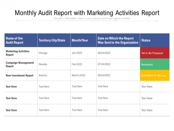 Monthly Audit Report With Marketing Activities Report Ppt PowerPoint Presentation Layouts Portrait PDF Monthly Audit Report With Marketing Activities Report Ppt PowerPoint Presentation Layouts Portrait PDF