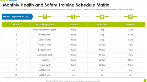 Monthly Health And Safety Training Schedule Matrix Ppt Gallery Show PDF