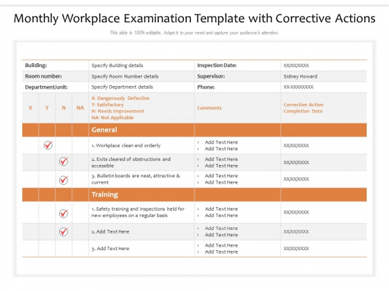 Monthly Workplace Examination Template With Corrective Actions Ppt PowerPoint Presentation Icon Elements PDF Monthly Workplace Examination Template With Corrective Actions Ppt PowerPoint Presentation Icon Elements PDF