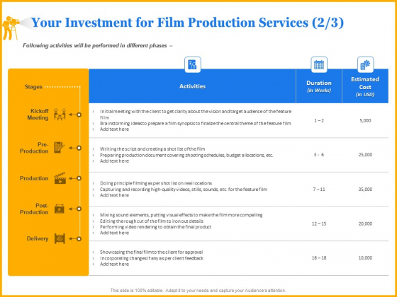 Movie Production Proposal Template Your Investment For Film Production Services Meeting Information PDF Movie Production Proposal Template Your Investment For Film Production Services Meeting Information PDF