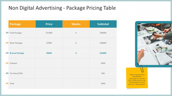 Multi Channel Marketing Business Proposal Template Non Digital Advertising Package Pricing Table Icons PDF