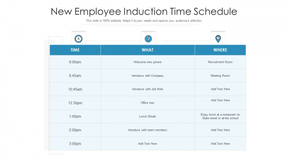 New Employee Induction Time Schedule Ppt Icon Layouts PDF