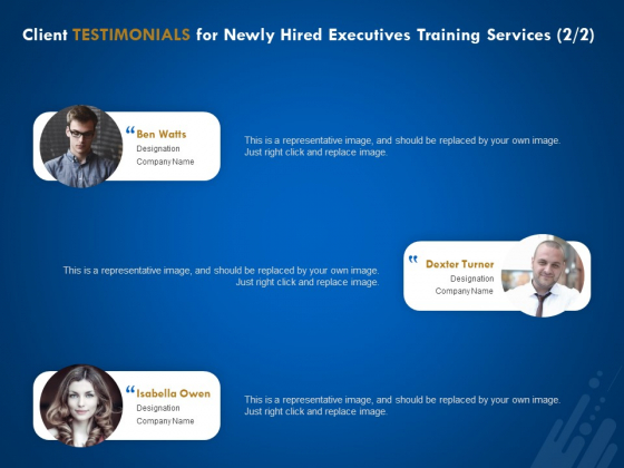 New Employee Onboard Client Testimonials For Newly Hired Executives Training Services Communication Ppt Icon Outline PDF