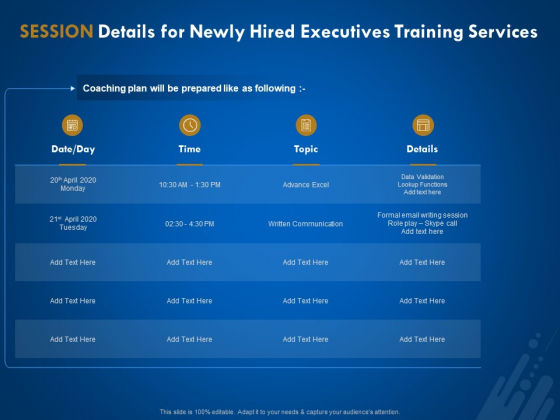 New Employee Onboard Session Details For Newly Hired Executives Training Services Ppt Styles Slide Portrait PDF New Employee Onboard Session Details For Newly Hired Executives Training Services Ppt Styles Slide Portrait PDF