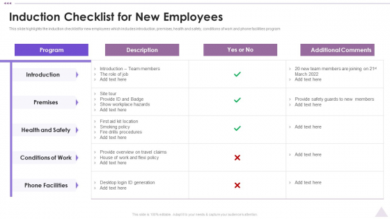 New Staff Orientation Session Induction Checklist For New Employees Template PDF