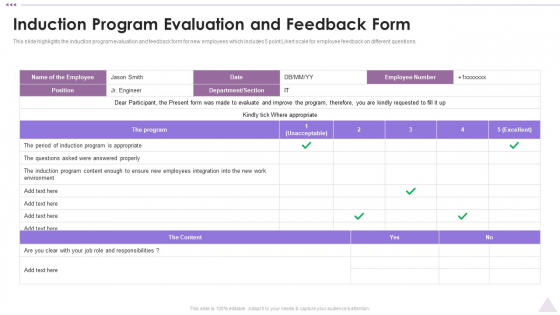 New Staff Orientation Session Induction Program Evaluation And Feedback Form Slides PDF