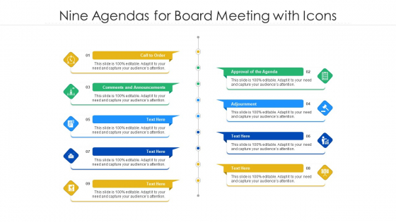 Nine Agendas For Board Meeting With Icons Ppt PowerPoint Presentation File Model PDF