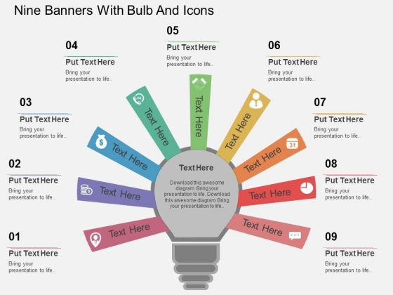 Nine Banners With Bulb And Icons Powerpoint Template