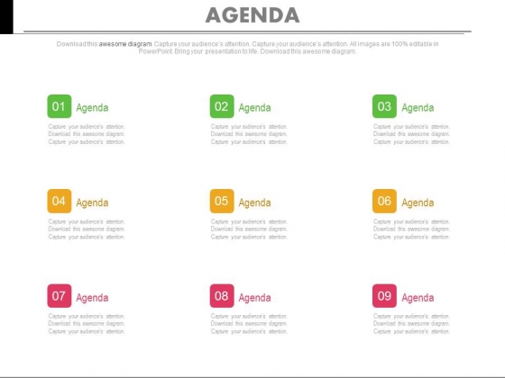 Nine Points Of Business Agenda Analysis Powerpoint Slides