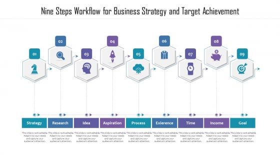 Nine Steps Workflow For Business Strategy And Target Achievement Ppt PowerPoint Presentation File Example Introduction PDF