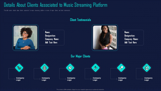 Online Music Streaming App Capital Raising Elevator Details About Clients Associated To Music Graphics PDF