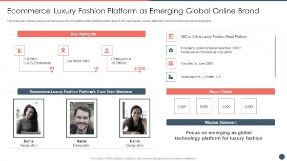 Online Premium Fashion Portal Venture Capitalist Financing Elevator Pitch Deck Ecommerce Luxury Fashion Platform Professional PDF