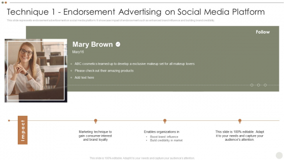 Online Promotional Techniques To Increase Technique 1 Endorsement Advertising Elements PDF