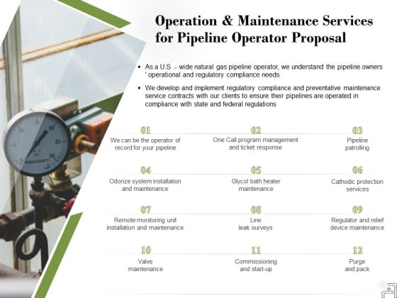 Operation And Maintenance Services For Pipeline Operator Proposal Ppt PowerPoint Presentation Gallery Information