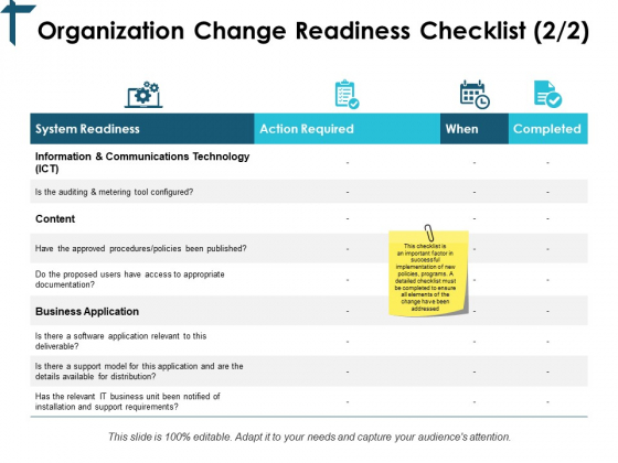 Organization Change Readiness Checklist Table Ppt PowerPoint Presentation Show Files